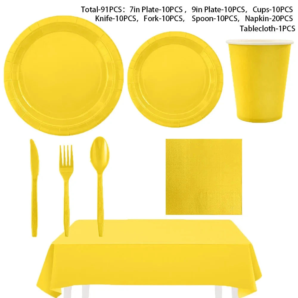 Solid Yellow boda party tableware set cumpleaños decoracion bachelorette Birthday Tableware Paper Napkins Cups Plates Tablecloth Good Vibrations