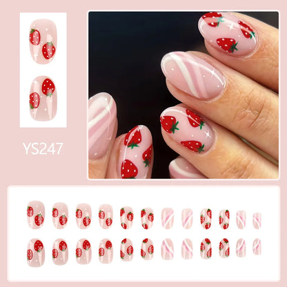 24pcs Short Glossy Oval Fake Nails Cute Sweet Strawberry Fake Nail Patch Wearable Full Cover for Girl Press on Nail Tips Good Vibrations