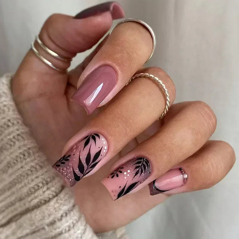 24Pcs Brown Long Coffin False Nails Glitter Ballet Wearable with French Design Fake nails Full Press on Nail Ins Nail Tips Art Good Vibrations