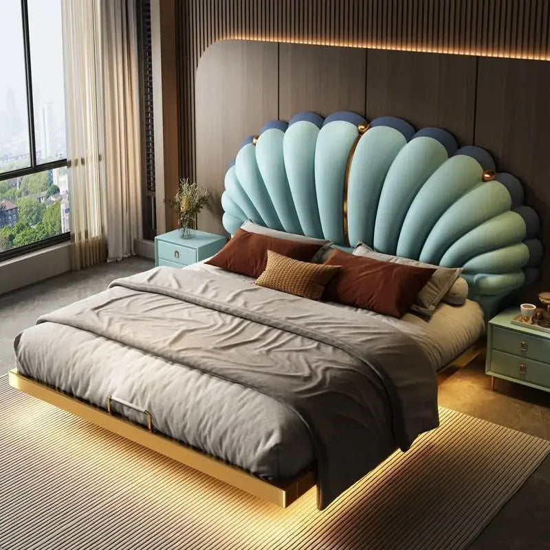 Luxury Beds 2 People Frame Floating Light Luxury Leather LED Lamp Double Bed Pink And Blue Queen Bed Frames Bedroom Furniture Good Vibrations