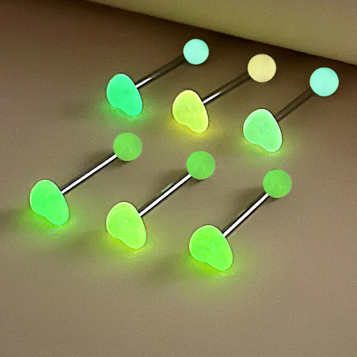 6pcs Heart Acrylic Glowing Tongue Ring Barbell 316L Stainless Steel Bar Tongue Piercing Body Jewelry 14G Good Vibrations