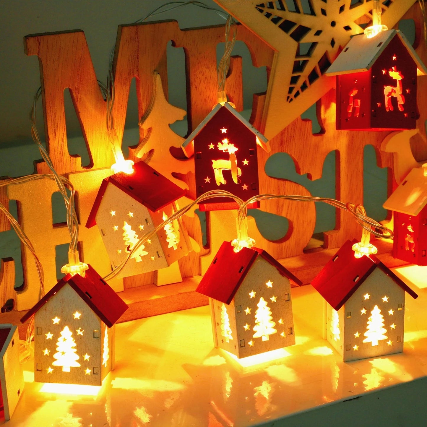 Christmas Wooden House LED String Light Xmas Tree Garland Home Fairy Lamp Merry Christmas Hanging Ornament 2025New Year Gift Noe Good Vibrations