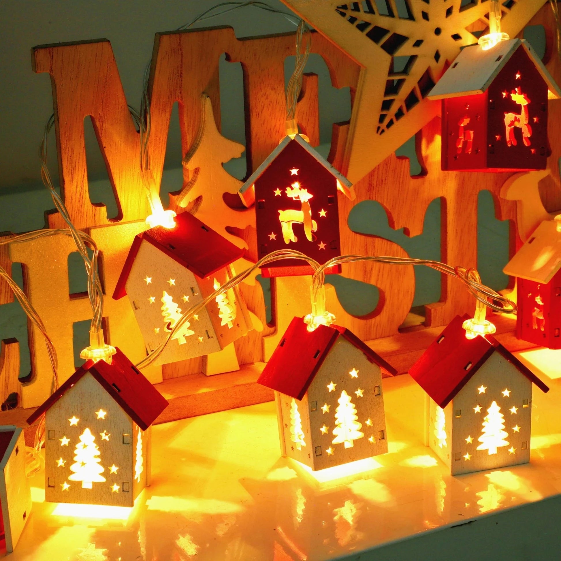 Christmas Wooden House LED String Light Xmas Tree Garland Home Fairy Lamp Merry Christmas Hanging Ornament 2025New Year Gift Noe Good Vibrations