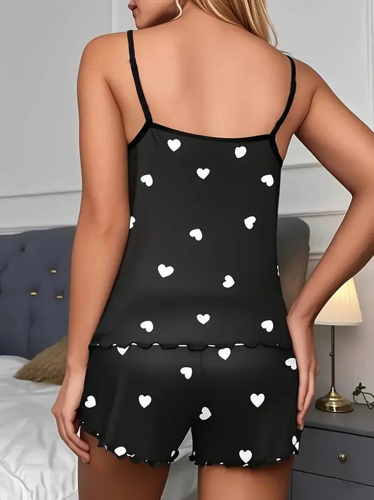 5 Size Choose S M L XL 2XLWomen's Two-Piece Suspender Heart Printed Top and Shorts Women's Casual Printed Pajama Set Good Vibrations