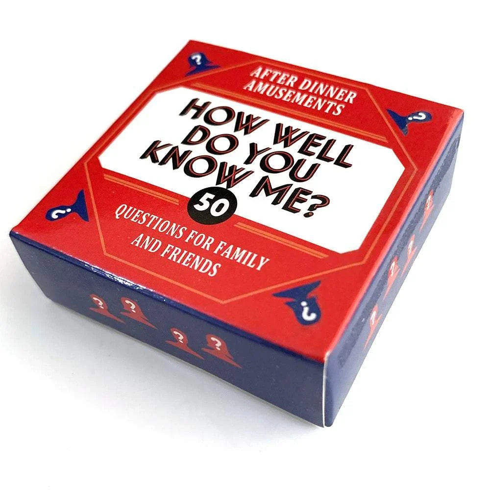 Mini box "How Well Do You Know Me?" game with red and blue packaging for family and friends entertainment.