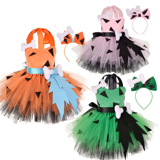 Flintstones Bone Costume Kids Girl Halloween Party Dresses Green St. Patrick's Day Cartoon Tutu Dress Children Carnival Clothes Good Vibrations