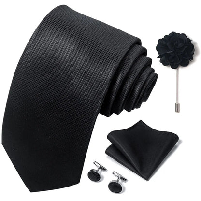 Luxury Mens Ties Floral Black Gold Ties Paisley NeckTie Pocket Square Cufflinks Brooch Set Men's Wedding Party Tie Good Vibrations