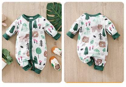 Baby Autumn Clothes Cartoon Animal Elements Baby Boy Long Sleeved Jumpsuit Casual Baby Single Breasted Clothes Good Vibrations