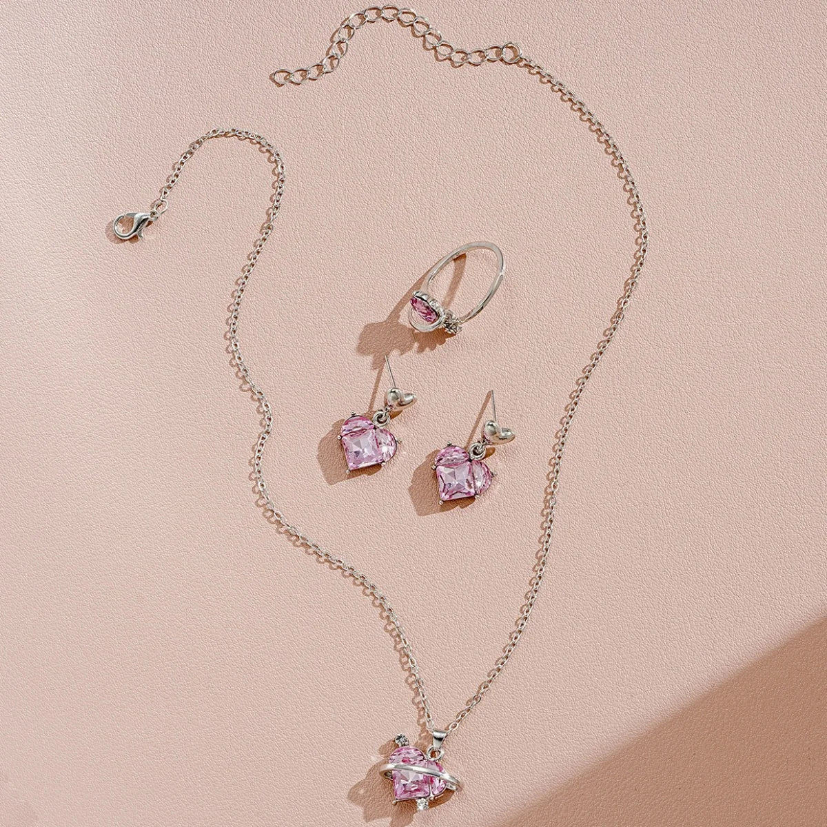 4 Pieces Love Pink Crystals Sweet Earrings Necklaces And Rings Jewelry Set Lightweight And Versatile For Women Mother's Day Gift Good Vibrations