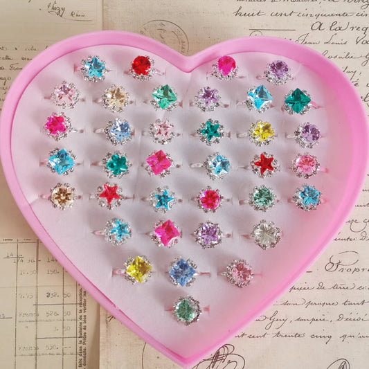 12/36PCS/set Adjustable Kids Crystal Rings Jewelry Heart Star Square Open Finger Ring For Children Girl Party Gift Good Vibrations