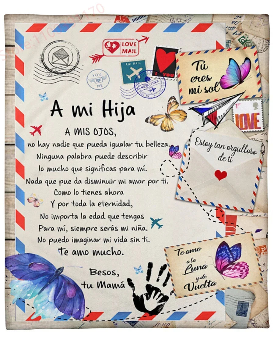 Flannel Blanket-A Mi Hija Letter To My Daughter Express Love Spanish Version Sofa Throw Blanket Thanksgiving Birthday's Day Gift Good Vibrations