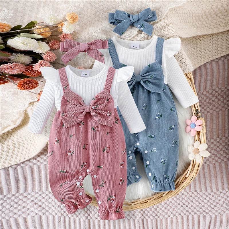 New Autumn Newborn Baby Girls Long Sleeve Romper Floral Print Fake Two Pieces Patchwork Bow Jumpsuits and Cute Headband Set Good Vibrations