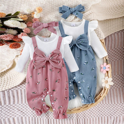 New Autumn Newborn Baby Girls Long Sleeve Romper Floral Print Fake Two Pieces Patchwork Bow Jumpsuits and Cute Headband Set