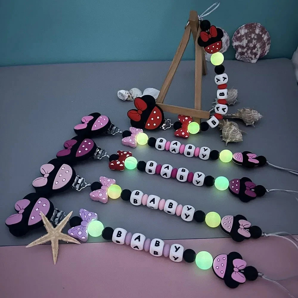 Customized Letters Name Baby Cartoon Silicone Luminous Beads Pendant Pacifier Clips Chains Holder Teether Baby Kawaii Toy Gifts Good Vibrations