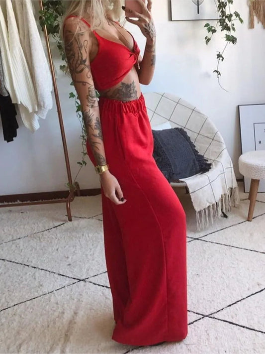 Sexy Two Piece Set Women Outfit 2025 Summer Butterfly Print V-Neck Cropped Top High Waist Drawstring Casual Wide Leg Pants Sets Good Vibrations
