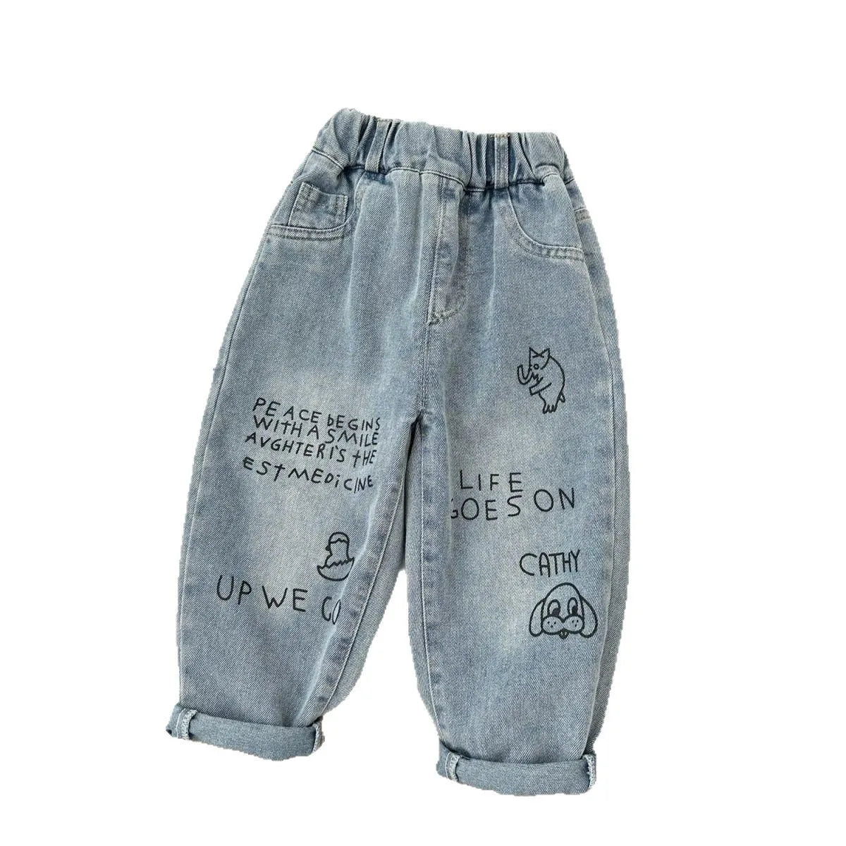 New Spring Autumn Childrens Boys Casual Trousers Foreign Side Pockets Polished Boys Jeans Stretch Versatile Kids Boys Pants Good Vibrations