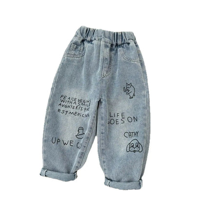 New Spring Autumn Childrens Boys Casual Trousers Foreign Side Pockets Polished Boys Jeans Stretch Versatile Kids Boys Pants Good Vibrations