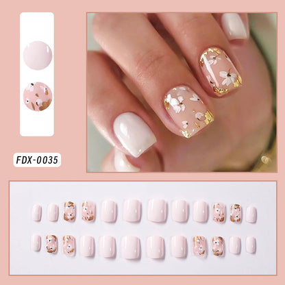 24Pcs Short Square Coffin False Nails French Glitter Wearable Fake Nails Acrylic Full Cover Women Ballet Press on Nails Tips Good Vibrations