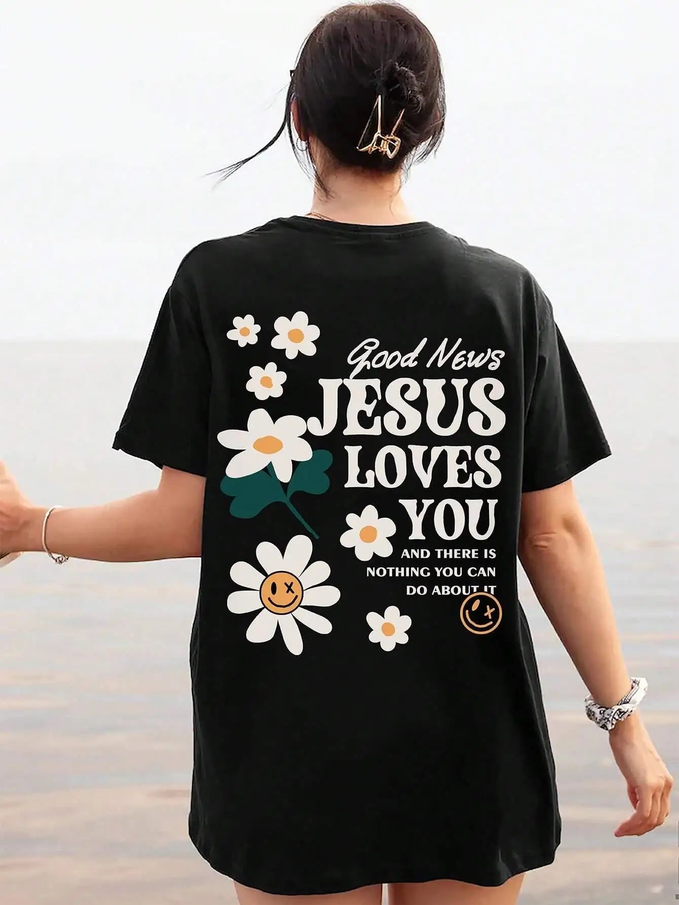 Good News Jesus Loves You Print Women T-Shirt Summer O-Neck T Shirts Basic All-Match Short Sleeve Breathable Comfortable Tops Good Vibrations