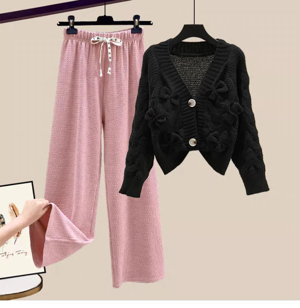 Two Piece Set For Women New In Sweater Matching Sets Korean Sweet Bow Outfit Long Sleeve Cardigan Knitwear Wide Leg Pants Set Good Vibrations