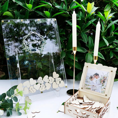 Acrylic Wedding Guest Book Alternative Guest Book Wedding Reception Guest Book Drop Box with Stand 100 Wooden Hearts for Supply Good Vibrations