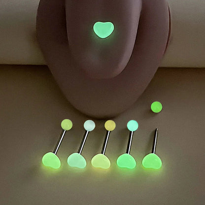 6pcs Heart Acrylic Glowing Tongue Ring Barbell 316L Stainless Steel Bar Tongue Piercing Body Jewelry 14G Good Vibrations