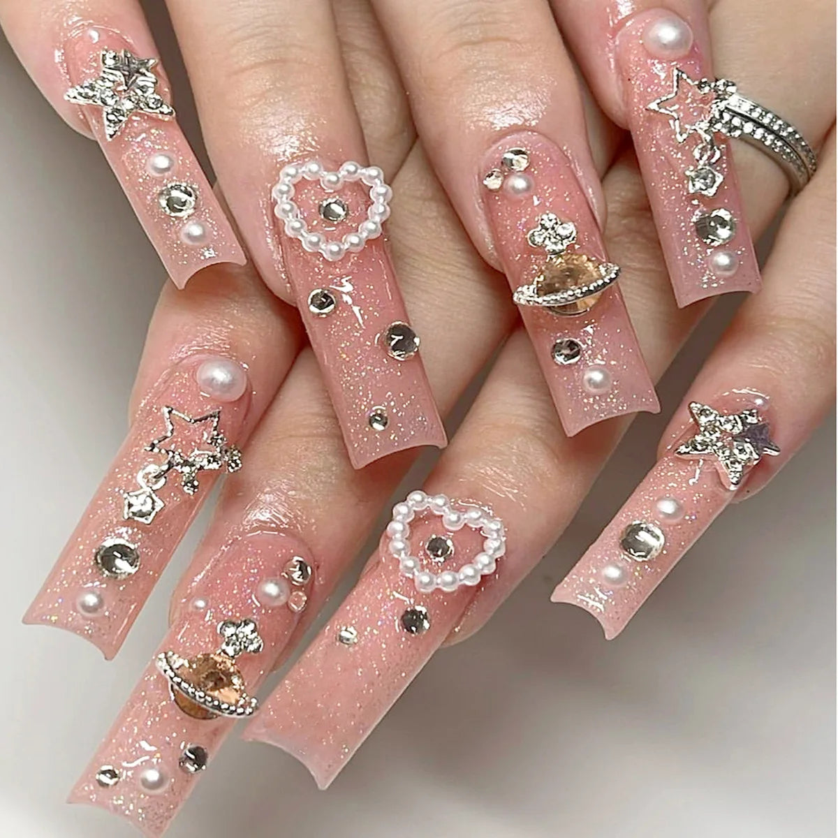Rose Pink Long Coffin Fake Nails French Style Leopard Star Printed Press on Nails Y2K Girls Charms Manicure Black False Nails Good Vibrations