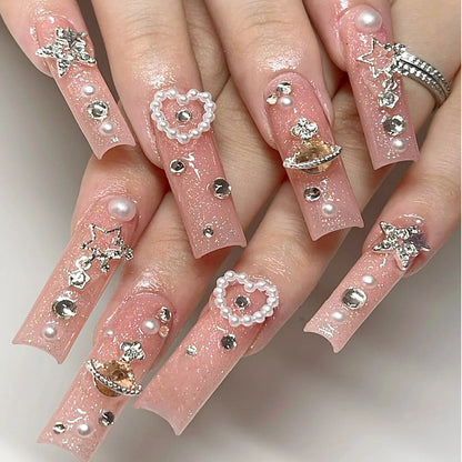 Rose Pink Long Coffin Fake Nails French Style Leopard Star Printed Press on Nails Y2K Girls Charms Manicure Black False Nails Good Vibrations