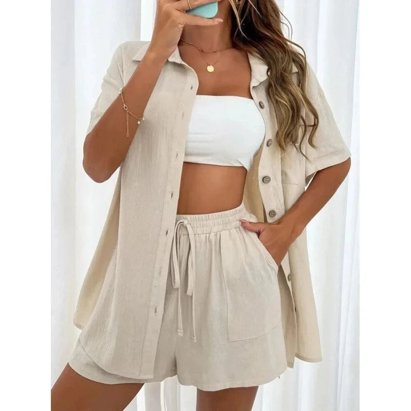 Fashion Black Short Sleeve Shirt And Shorts Two Piece Sets Women 2025 Summer Cotton Linen Casual Home 2 Piece Sets Women Outfit Good Vibrations
