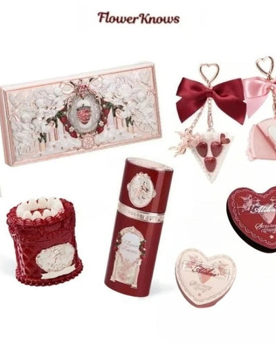 Flower Knows Strawberry Cupid Collection Makeup Gift Set include Make-up Palette+Cake Lip Cream+Liquid Blush+Powder Puff+blush Good Vibrations