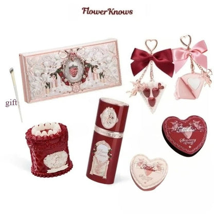 Flower Knows Strawberry Cupid Collection Makeup Gift Set include Make-up Palette+Cake Lip Cream+Liquid Blush+Powder Puff+blush Good Vibrations