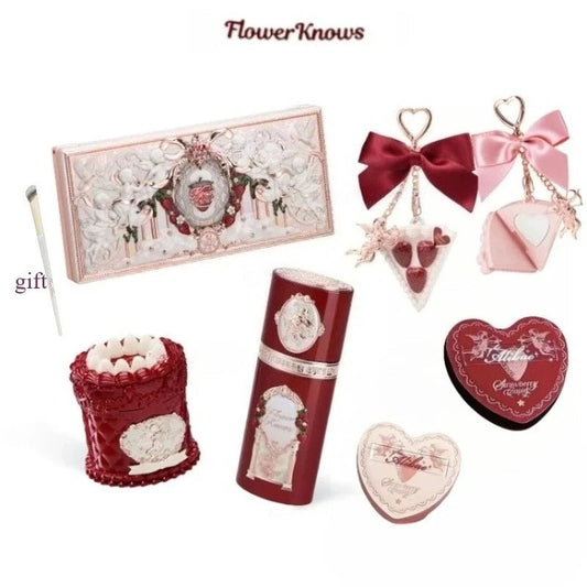 Flower Knows Strawberry Cupid Collection Makeup Gift Set include Make-up Palette+Cake Lip Cream+Liquid Blush+Powder Puff+blush Good Vibrations
