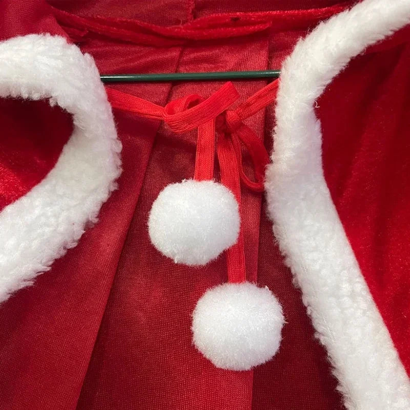 Christmas Shawl Cape Hooded Santa Claus Costume Christmas Performance Costume Red with Hat Cosplay Costume Winter Warm Coat Good Vibrations