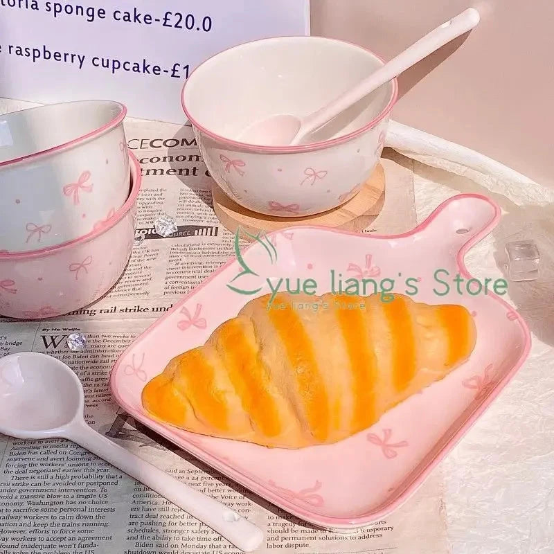 Pink Bow Ceramic Cutlery Set, Dessert Home Tableware Ceramic Handle Bowl Yogurt Cup High Value Breakfast Plate Drinkware Good Vibrations