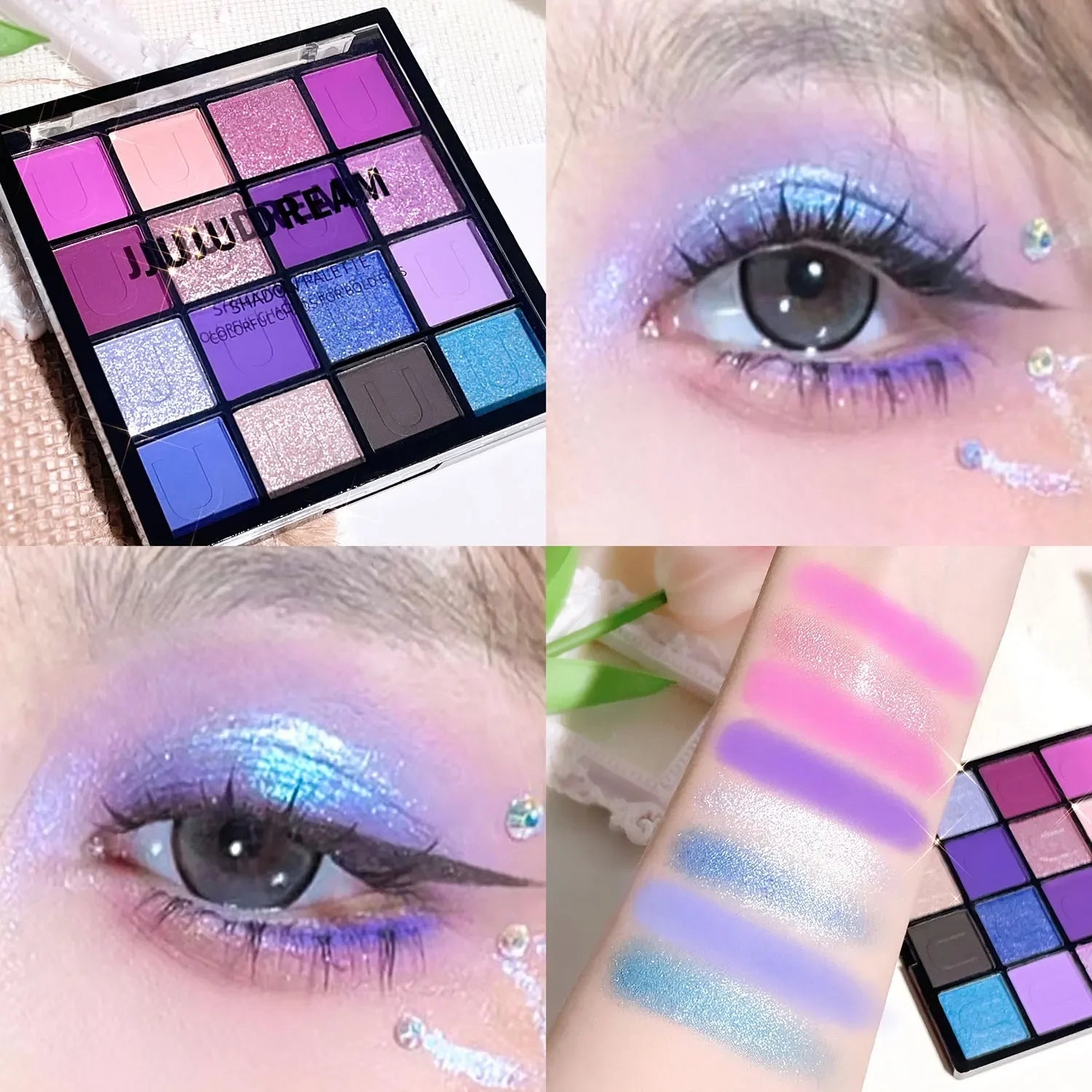 16 color eyeshadow palette: Koi, Mermaid, Enchanted Forest, Pearl, Matte and Glitter, Music Festival makeup Good Vibrations