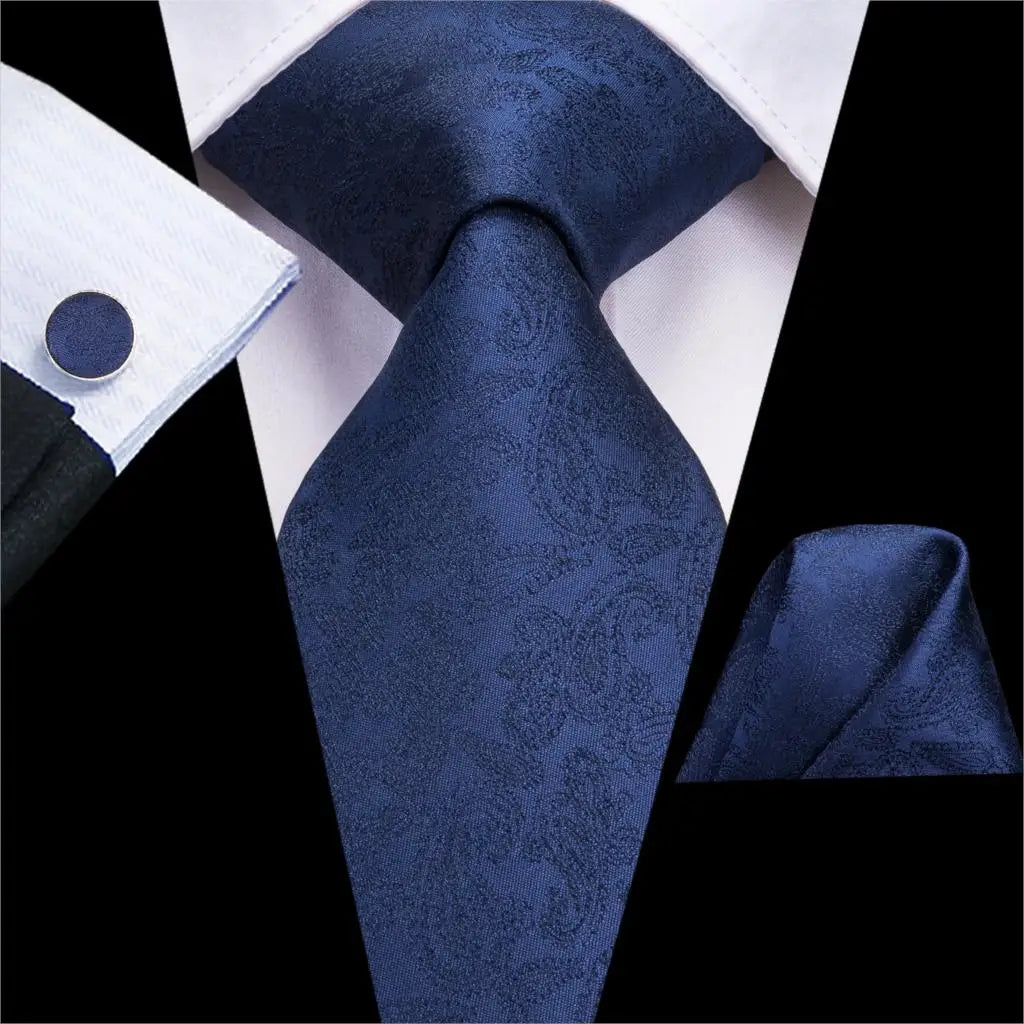 Hi-Tie Navy Blue Solid Paisley Silk Wedding Tie For Men Hanky Cufflink Mens Necktie Set Business Party New Design Dropshipping Good Vibrations