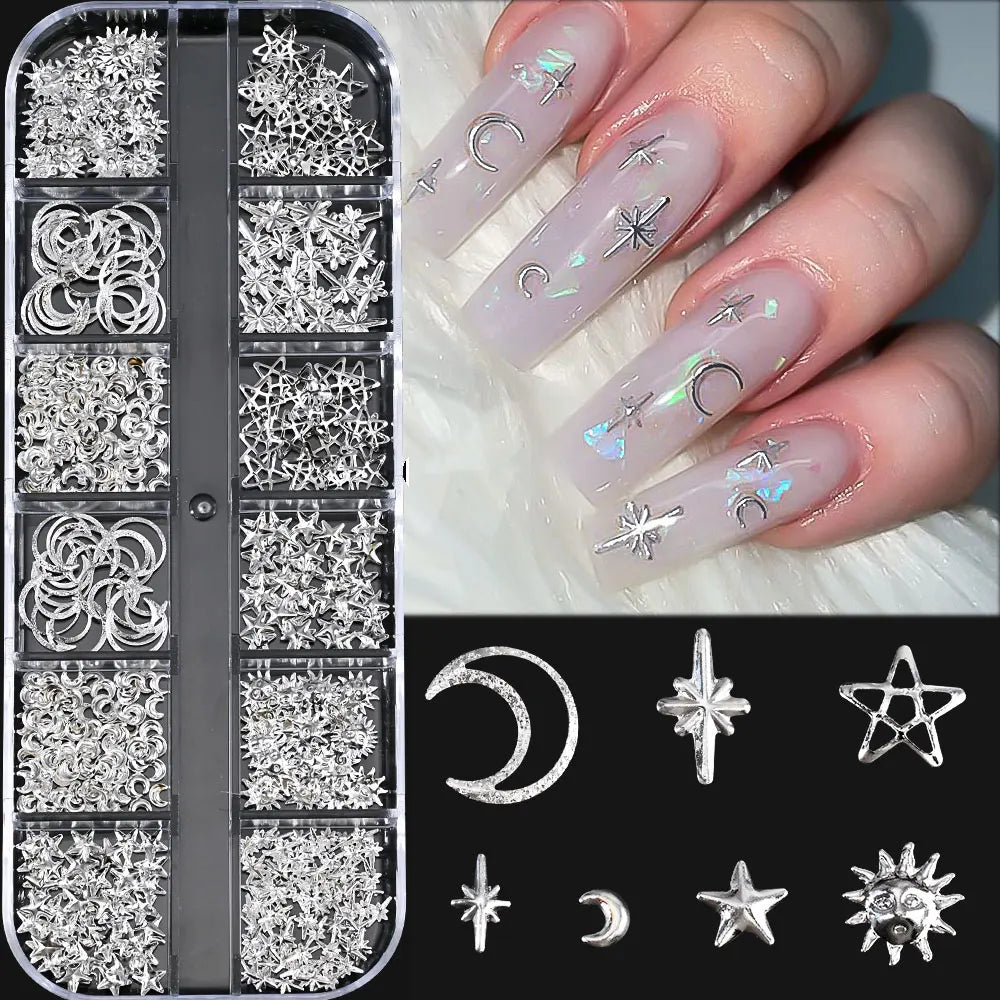 12Grid 3D Gold Ocean Rivet Nail Charms Mixed Seahorsea/Starfish /Conch Pearl/Mini Caviar Beads/Rhinestone Nail Jewery Decoration Good Vibrations