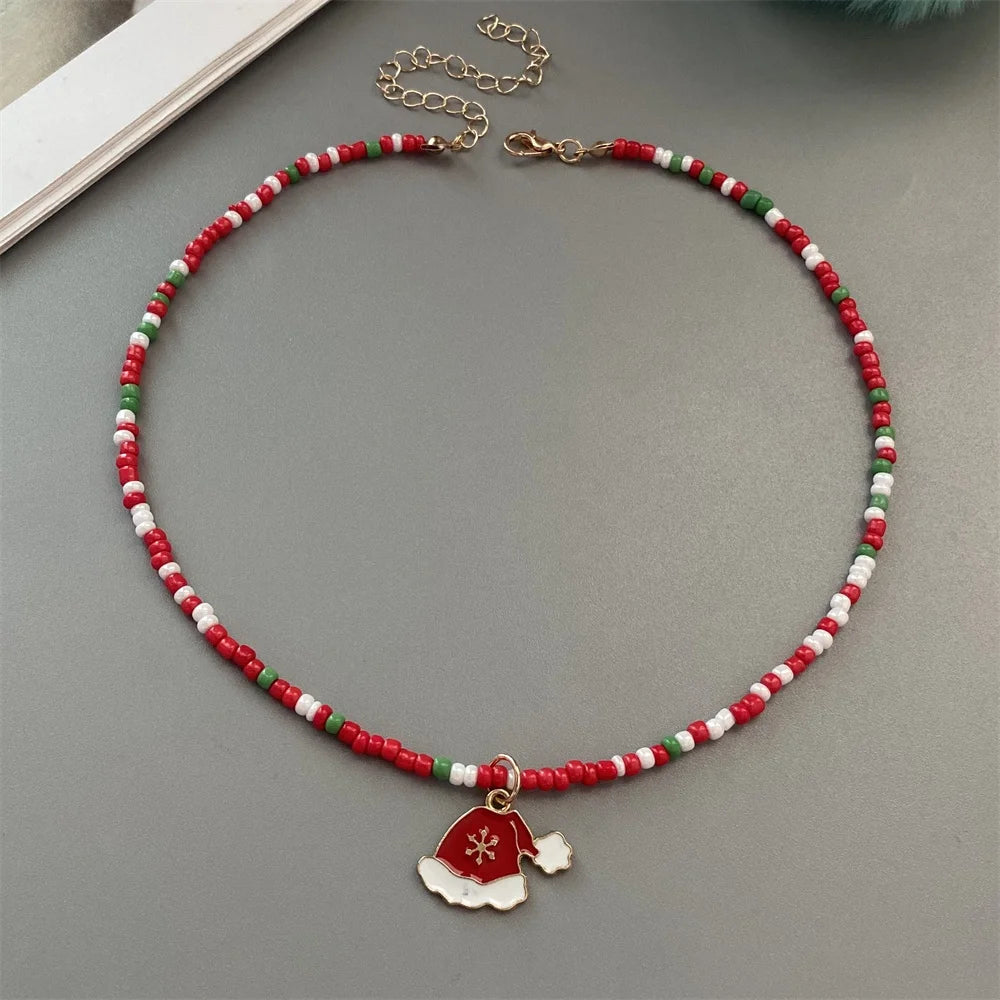 Christmas Necklaces for Women Girls Handmade Rice Beads X'mas Tree Santa Claus Snowman Gift Necklace Pendant New Year Jewelry Good Vibrations