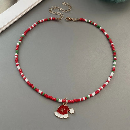 Christmas Necklaces for Women Girls Handmade Rice Beads X'mas Tree Santa Claus Snowman Gift Necklace Pendant New Year Jewelry Good Vibrations