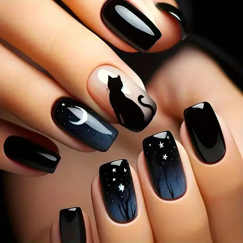 24PCS Of Halloween Nails Art Featuring Long French Square Ballet Fake Nails Funny Scarecrow Designs Gifts for women and girls Good Vibrations