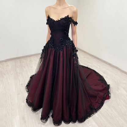 Gothic Wedding Dress Customized Off The Shoulder V Neck Flowers Applique Court Train Black Burgundy A Line Bridal Gown Good Vibrations