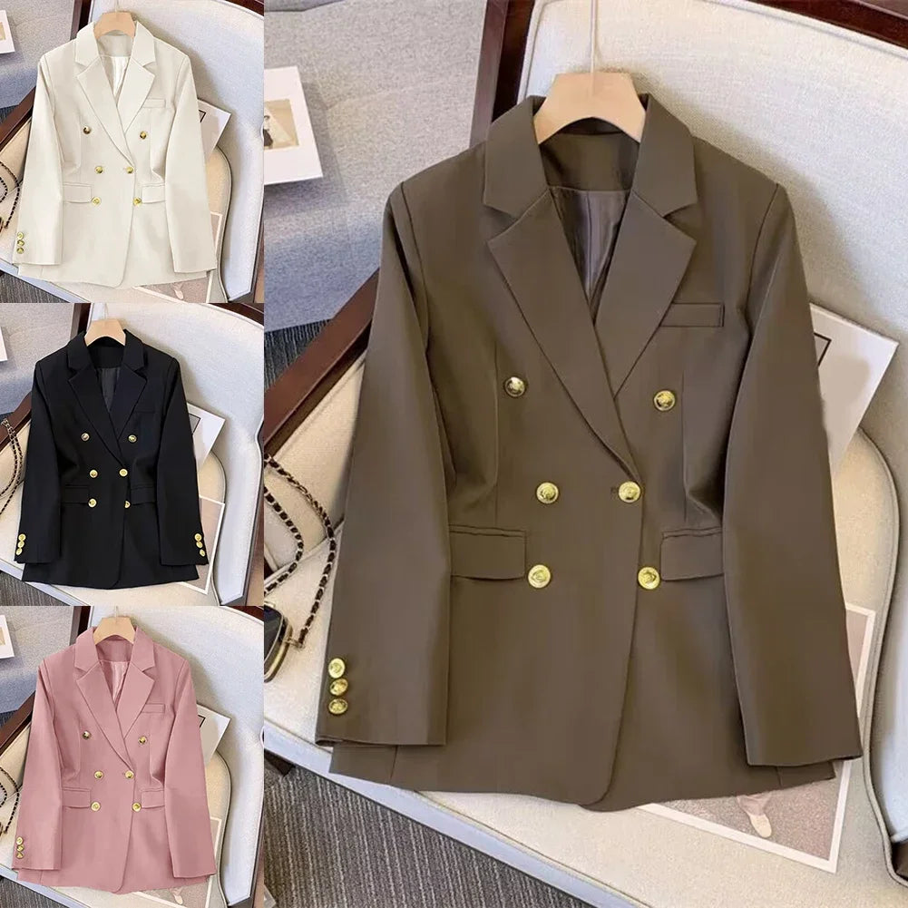 Blazer For Women Elegant Suit Jacket Loose Long Sleeve Jacket Beige Casual Solid Color Blazer Fashion Lapel Neckline Style Good Vibrations