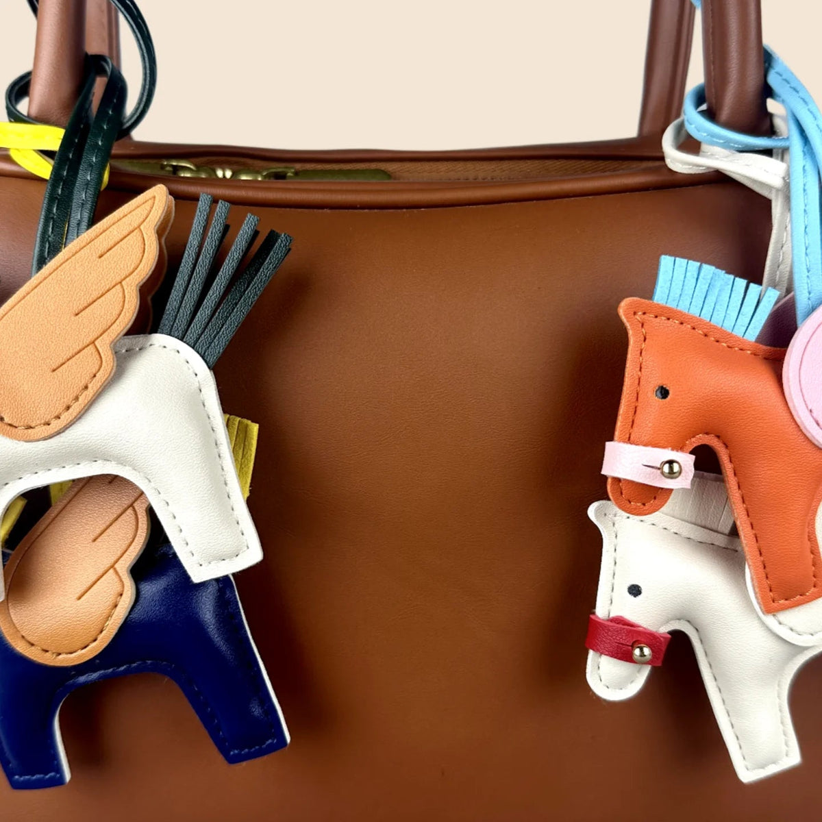 Elegant Winged Pony Keychain with Detachable Mouth Strap | Hand-Stitched Premium PU Leather Bag Charm with Plush Filling, Gift Good Vibrations