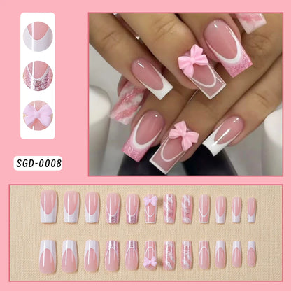 24Pcs Pink Leopard Print French Tips False Nails Short Square Head 3D Black Bowknot Fake Nails Acrylic Full Cover Press on Nails Good Vibrations