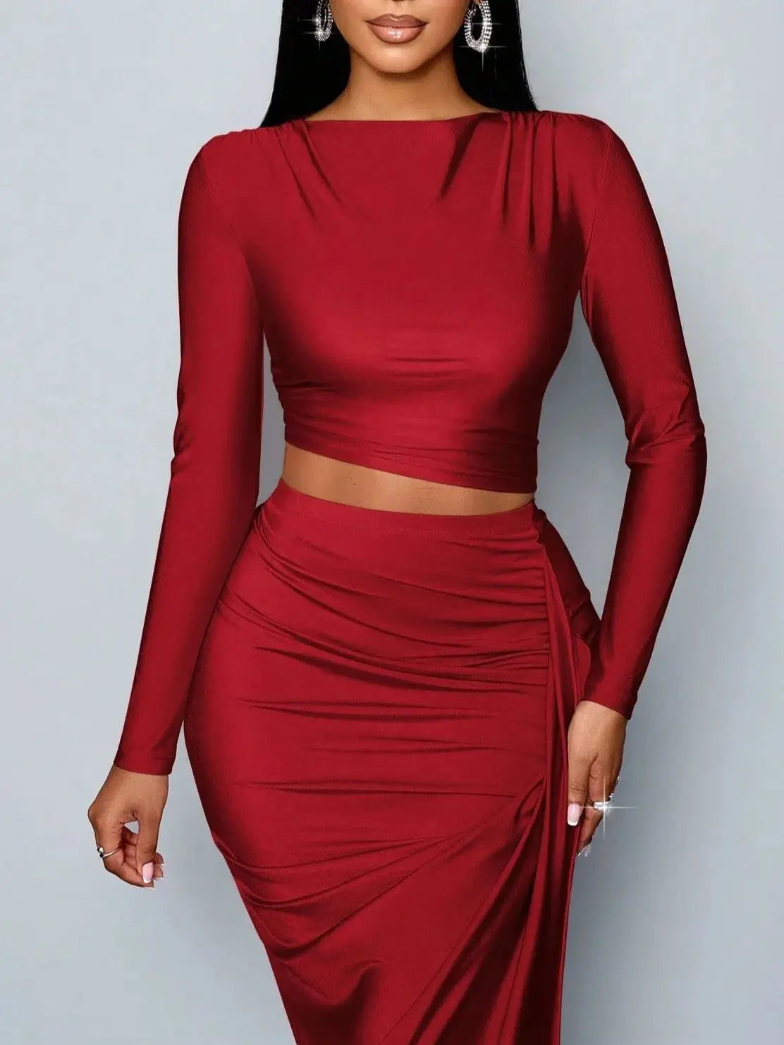 Women's Two-piece Set: Solid Color Elegant Leisure Simple Asymmetric Collar Long-sleeve T-shirt and Fitted Pleated Side Slit Lon Good Vibrations