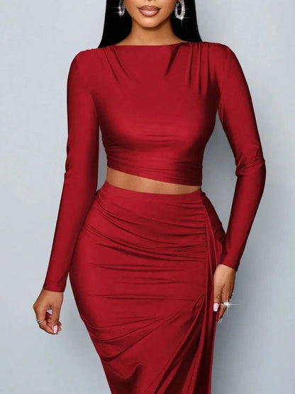 Women's Two-piece Set: Solid Color Elegant Leisure Simple Asymmetric Collar Long-sleeve T-shirt and Fitted Pleated Side Slit Lon Good Vibrations
