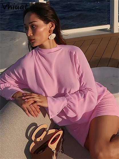 Vhiuat Summer Autumn Skinny Pleated Mini Dress Solid Elegant Long Sleeve Evening Party Robes Vacation Vestidos 2025 Lady New Good Vibrations