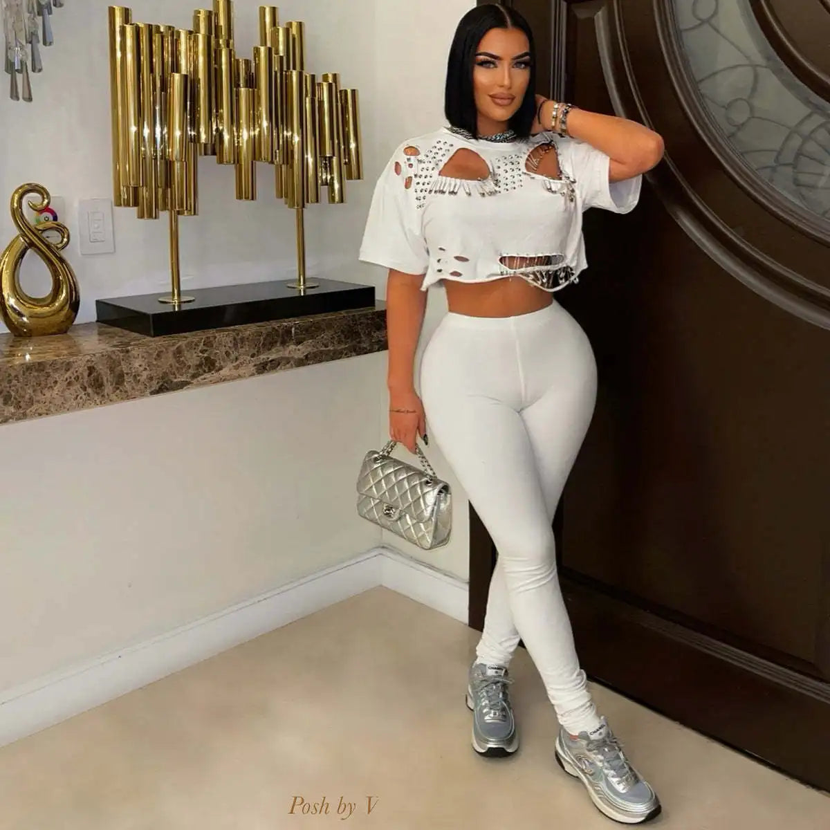 Women's Fashion White Two Piece Set Solid Loose Round Neck Piercing Pin Short T-shirt Pants 2026 Spring/Summer Set Red Black Good Vibrations