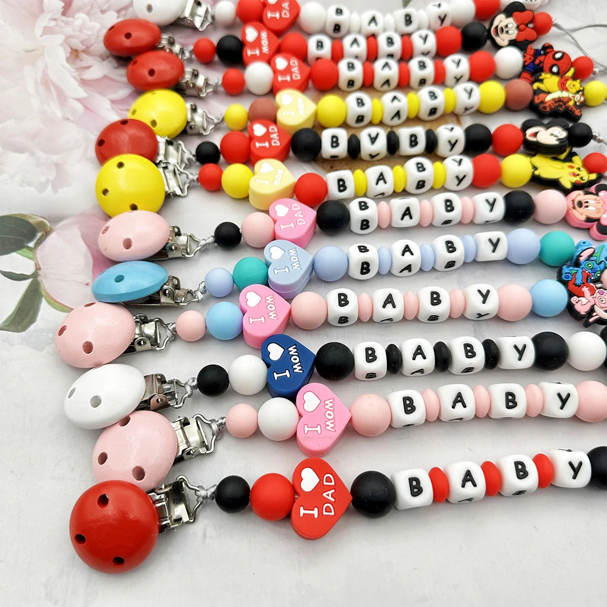 Personalized English Letters Baby Silicone Cartoon Disne Pacifier Clips Chains Holder Teether Pendants Teething Kawaii Baby Gift Good Vibrations