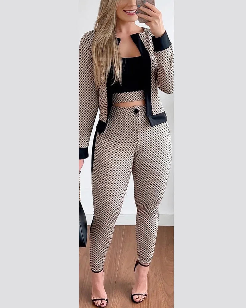 Sets Outifits Women 2024 Spring Autumn 3 Piece Set Plaid Print Crop Top & Pants Set With Coat Fashion Casual Elegant Female Set Good Vibrations